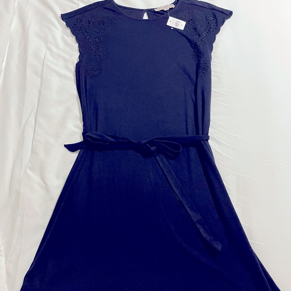New Loft Navy Dress Eyelet Cap Sleeve Sz-Lg
